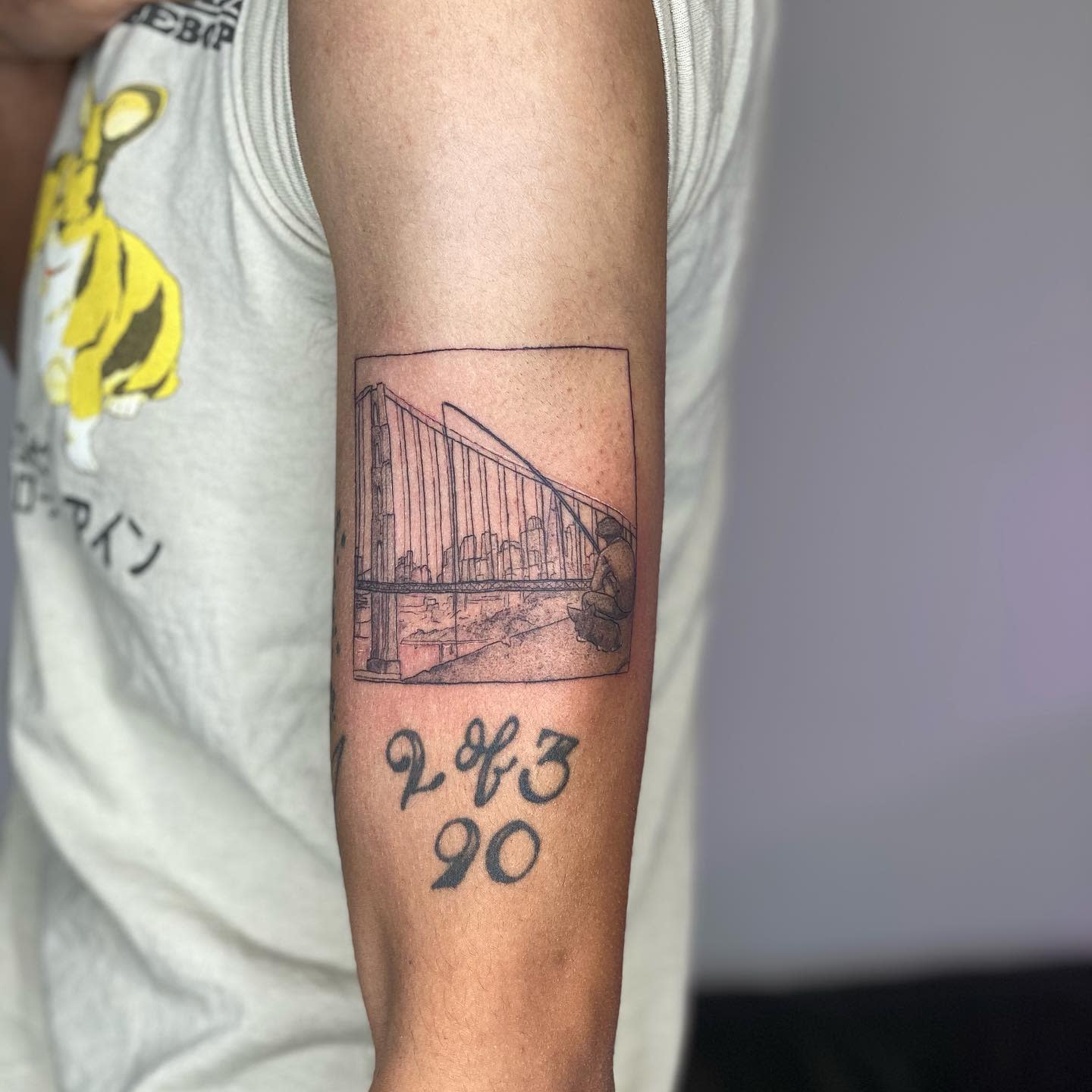 Minimalist tattoo of a bridge scene from Cowboy Bebop, depicted within a rectangular frame